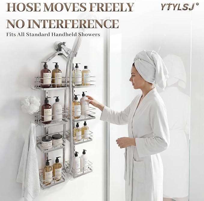 Aluminum Alloy Hanging Shower Caddy for Handheld Shower Heads, 4-Tier Adjustable Shower Rack, Rustproof Hose Hanging Shower Organizer with 2 S-Hooks, Silver