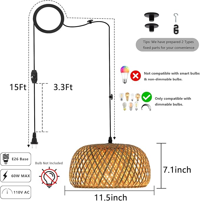 HuisMier Dimmable Plug in Pendant Light Rattan Hanging Lights with 15 Ft Plug in Cord, Handmade Bamboo Lampshade Boho Hanging Light Fixture for Kitchen Island Dining Room Bedroom