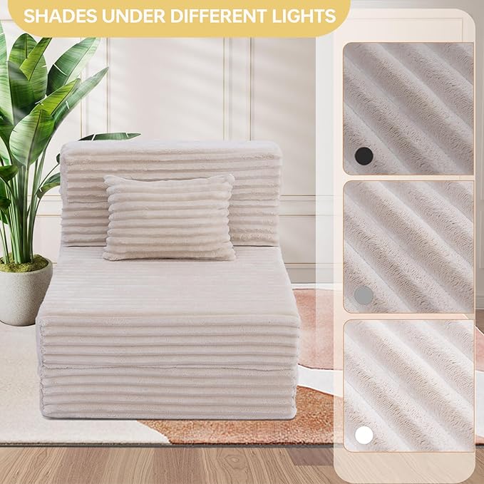 Folding Sofa Bed Single, Convertible Futon Chair Bed with Pillow, Folding Sofa Sleeper Chair, Fold Out Couch, Comfortable Foam Floor Couch for Living Room, Bedroom, Dorm, Guest Room, Beige