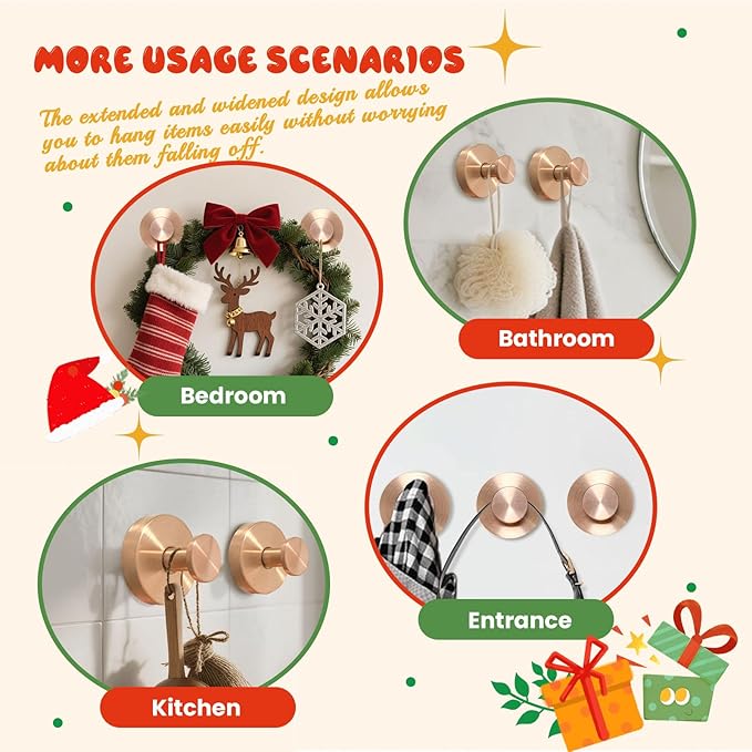 Suction Cup Hooks, Suction Cup Hooks for Shower,Removable Towel Hooks for Bathroom Window Glass Door Wall, Bath Robe Looafh Wreath Hook for Hanging (Rose Gold)