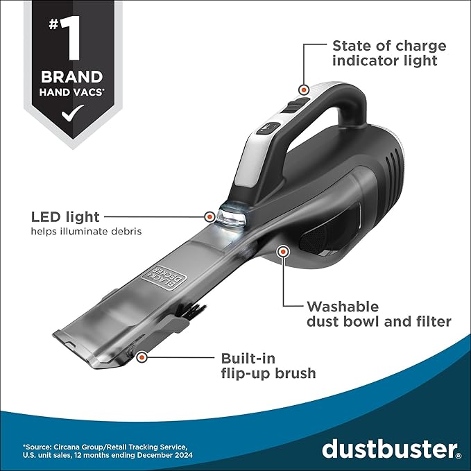 BLACK+DECKER Dustbuster Reveal Handheld Vacuum Cordless, Car Vacuum Portable Cordless, LED Light, Long Run Time, Rechargeable Lightweight Dust Buster, Includes Crevice Tool, Charging Base (HLVD320B42)
