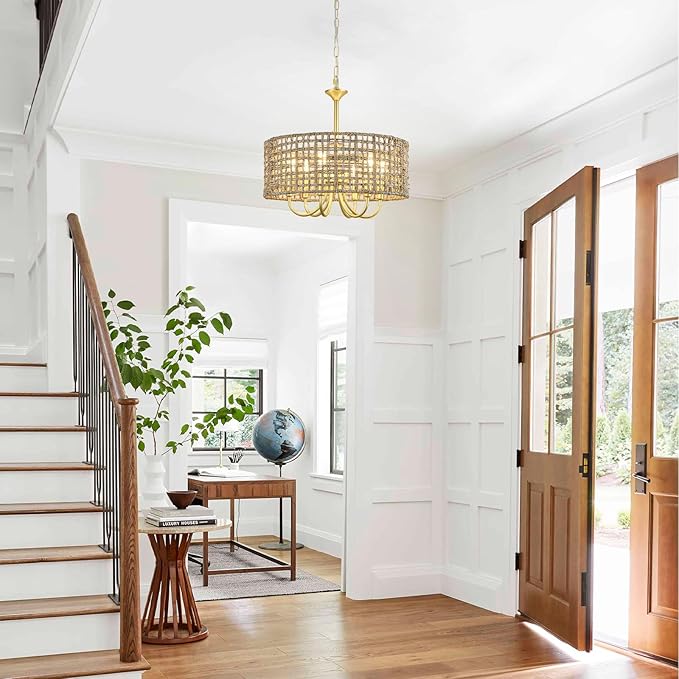 Boho Hand Woven Rattan Chandelier 6 Lights Farmhouse Golden Chandelier, 17.7'' Coastal Drum Wicker Chandeliers for Dining Room Kitchen Living Room Entryway Bedroom