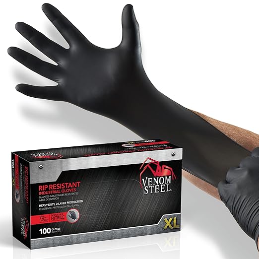 Venom Steel - VEN6144N Nitrile Gloves,Rip Resistant Disposable Latex Free Black Gloves,2 Layer-Gloves,6 mil Thick,X-Large,(Pack of 1000)