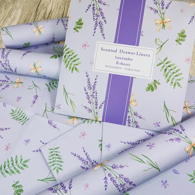 SCENTORINI Scented Drawer Liners for Dresser, 12 Sheets Lavender Scent Drawer Paper Liners,14.3x19.5 Inch Scented Paper Sheets for Home Shelf Closet Bedroom Drawers