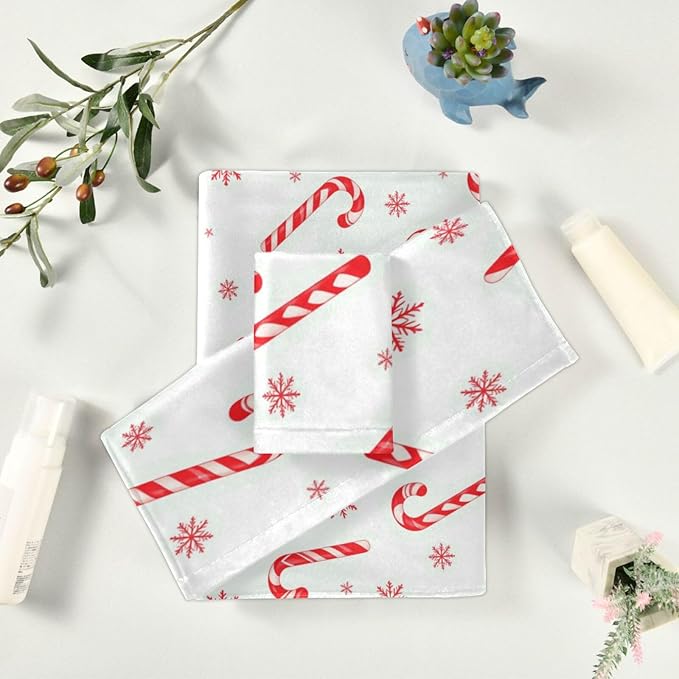 Christmas Winter Towels Set of 3 Red Candy Cane Snowflakes Bathroom Towel Soft Absorbent Bath Hand Towels Washcloth Guest Towel Sets Xmas Holiday Decor