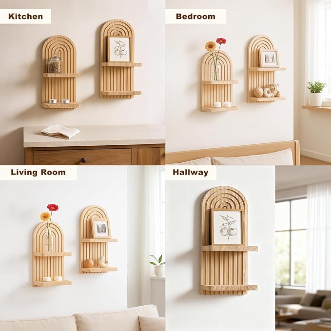 Artilady 2 Pack Boho Wall Hanging Shelves - 2 Tier Handmade Rainbow Arch Solid Wood Floating Shelf Wall Decor Trinket Storage Rack for Bedroom Living Room Nursery Bathroom