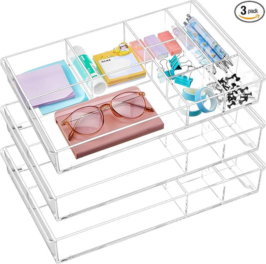 3 Pcs Clear Acrylic Desk Drawer Organizer 13.7 x 8.7 x 2 Inch Drawer Organizer Trays with 8 Compartments Desk Accessories for Office Makeup Silverware Bathroom