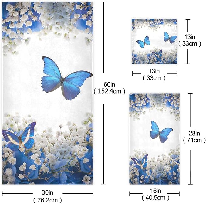 Spring Floral Bath Towels Set,Absorbent Soft 3 Piece Blue White Butterfly Elegant Flower Towel Set for Bathroom,1 Bath Towel 1 Hand Towel 1 Washcloth,Quick Dry Decoractive Bathroom Towels