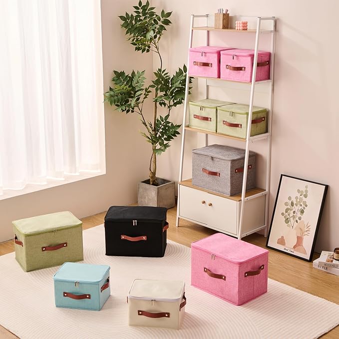 Storage Bin Box with Zippered Lid Cotton Linen Fabric Decorative Basket with PU Leather Handles PP Plastic Board Foldable Lidded Clothing Shelf Closet Organizer Container (Black, Large)