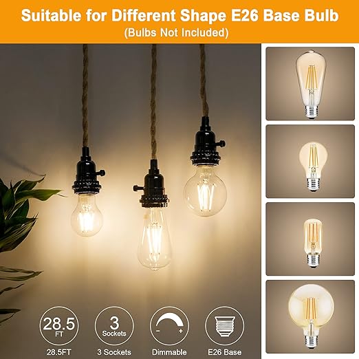 Pendant Light Cord Kit with Dimmer Switch, 28.5ft Dimmable Plug in Hanging Light with Triple E26 Base Light Socket, Vintage Twisted Hemp Rope Farmhouse Hanging Light Fixture for Bedroom Living Room