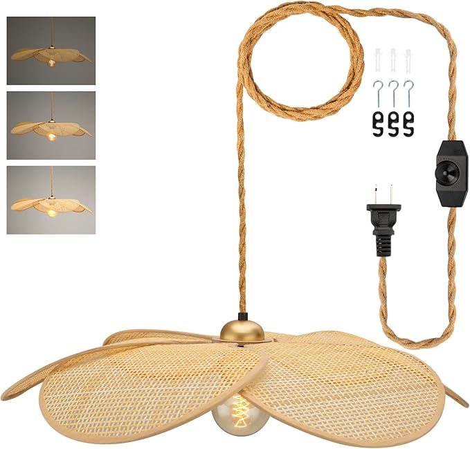 Bamboo Plug in Pendant Light, 24 Inch Flower Handwoven Rattan Lampshade Stepless Dimmable Boho Chandelier, 11.3 ft Plug in Hanging Lamp for Hallway Kitchen Island Dining Room Bedroom(Not Bulb)