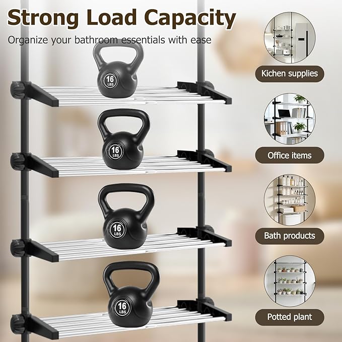 4 Tier Over The Toilet Storage 97-116” Over Toilet Bathroom Organizer with Adjustable Shelf Slim Behind Toilet Shelf for Toilet Paper Towel Plants (Black)