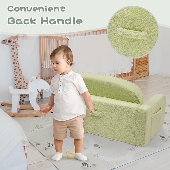 Extra Wide Kids Couch, 2-in-1 Soft Toddler Couch with Blanket, Comfy Toddler Chair, Convertible Sofa with Cute Rainbow Design, Green