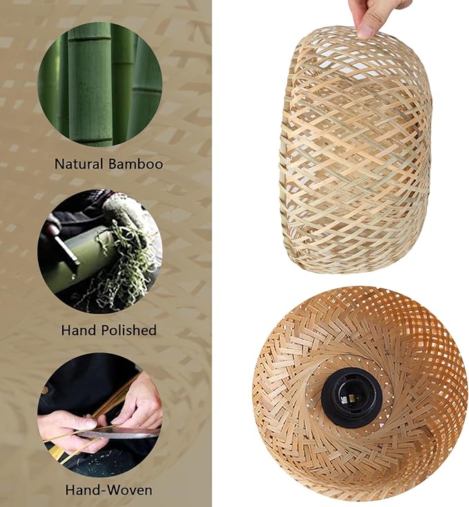 HuisMier Dimmable Plug in Pendant Light Rattan Hanging Lights with 15 Ft Plug in Cord, Handmade Bamboo Lampshade Boho Hanging Light Fixture for Kitchen Island Dining Room Bedroom