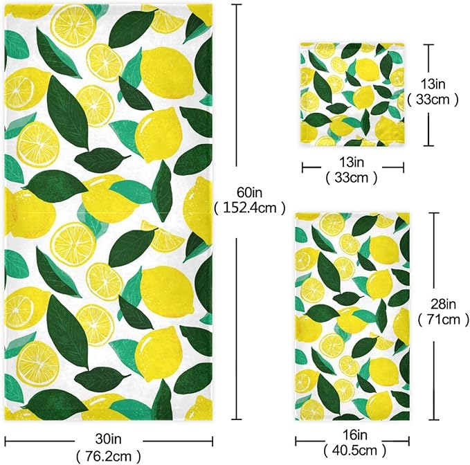Fresh Lemon Towels Set of 3 Yellow Lemons Leaves Bathroom Towel Soft Absorbent Bath Hand Towels Washcloth Guest Towel Sets Bathroom Decorations
