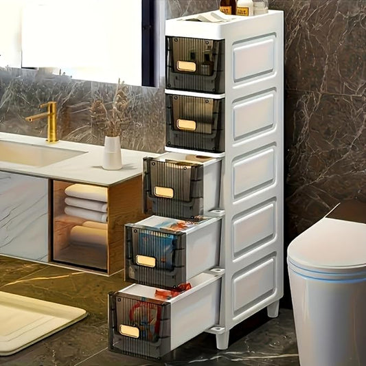Slim Storage Cabinet with Drawers - Durable Waterproof PP Organizer for Bathroom/Kitchen/Health - Small Spaces, Snacks, Display & Retail
