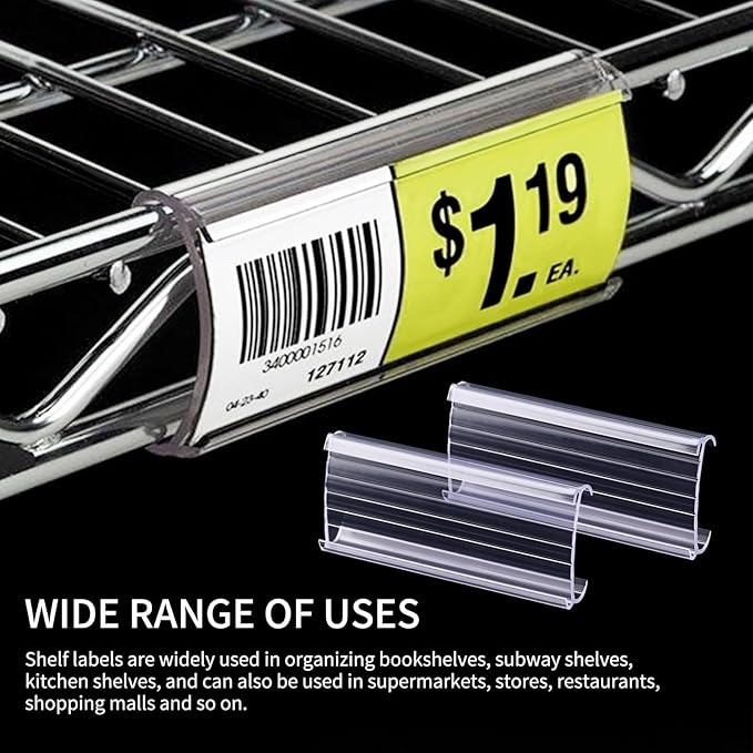 100Pcs Wire Shelf Label Holders with Label Paper Inserts, Label Holder Plastic Shelf Tags Compatible with Metro 1-1/4 inch Shelves, Removable Wire Rack Label Holder Display Clip
