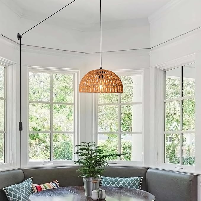 HuisMier Rattan Hanging Lamp Plug in Pendant Light with 15 Ft Plug in Cord, Wicker Woven Basket Lampshade Hanging Light with Dimmable Switch, Boho Plug in Pendant Light for Kitchen Farmhouse Bedroom