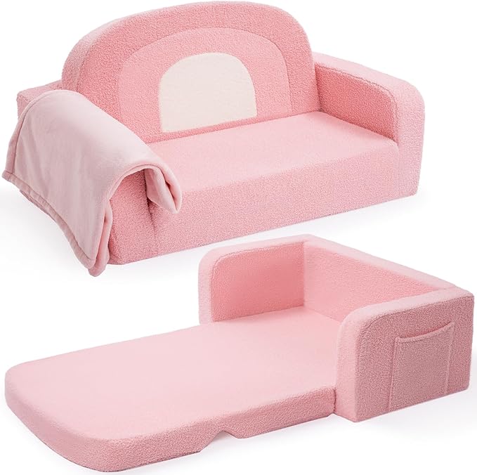 Extra Wide Kids Couch, 2-in-1 Soft Toddler Couch with Blanket, Comfy Toddler Chair, Convertible Sofa with Cute Rainbow Design, Pink