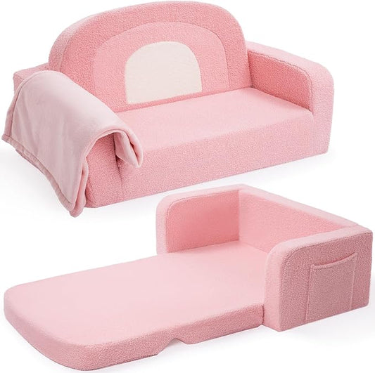 Extra Wide Kids Couch, 2-in-1 Soft Toddler Couch with Blanket, Comfy Toddler Chair, Convertible Sofa with Cute Rainbow Design, Pink