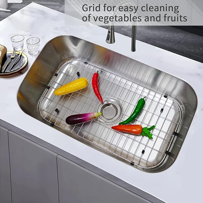 Kitchen Sink Grid 26-1/8"x14-1/4 - Heavy Duty Kitchen Sink Protector with Built-in Strainer & Center Drain, Non-Slip Rubber Feet & Scratch Resistant Bottom Guard