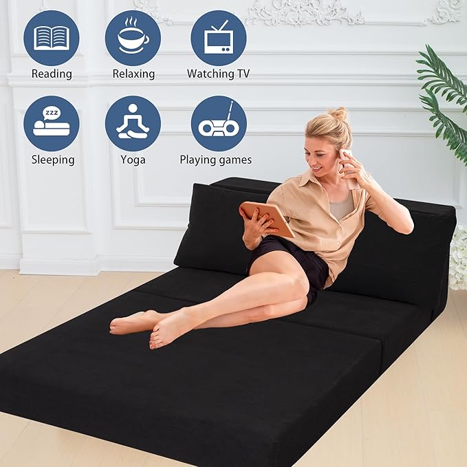 Sofa Bed Foldable Mattress ，Folding Sleeper Sofa Chair Bed Floor Mattress with Pillow for Living Room Home Office (Black-Corduroy, Twin XL)