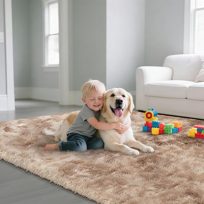Fluffy Rug Shaggy Area Rug, Mottling Beige 8x10 Area Rugs for Living Room, Large Shag Area Rugs for Bedroom Kids Room Home Decor, Upgrade Anti-Skid Rectangular Fuzzy Rugs