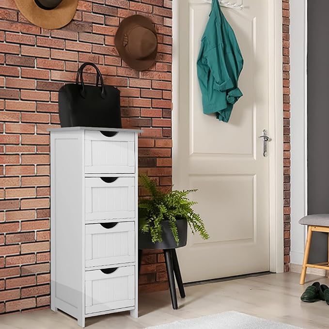 Bonnlo Bathroom Storage Cabinet Skinny Wooden Side Bathroom with 4 Drawers Small Free Standing Floor Cabinet White Slim 12 Inch Wide Organizer for Bedroom Living Room, 12 Inch Deep Narrow Organizer