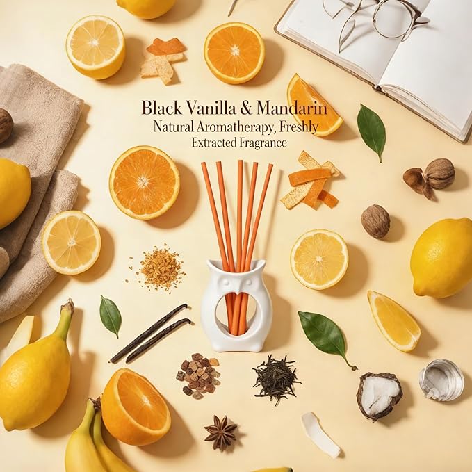 Non-Toxic Air Freshener Stix - Natural Essential Oils Infused, 30 Days Long-Lasting Freshness, 5 Pcs 6" Per Pack for Car Home Office，Ceramic Base not Included (Black Vanilla and Mandarin)
