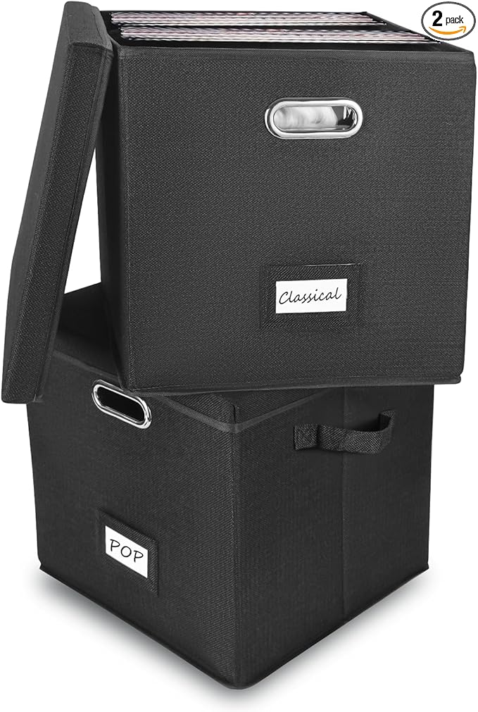 Vinyl Record Storage Box Set of 2 - Album Storage Holds 100+ Single Records, Decorative LP Storage Organizer Crate with Lid, Sturdy Moving Boxes for Vinyl, Easy to Carry and Organize Your Music Album