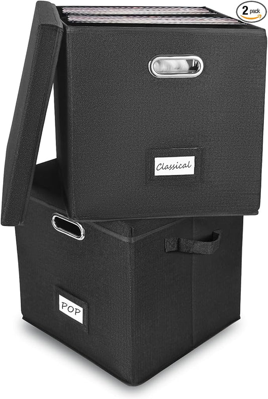 Vinyl Record Storage Box Set of 2 - Album Storage Holds 100+ Single Records, Decorative LP Storage Organizer Crate with Lid, Sturdy Moving Boxes for Vinyl, Easy to Carry and Organize Your Music Album