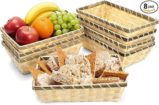 TOPZEA 8 Pack Rectangle Gift Baskets, 10" x 6.3" Natural Bamboo Handmade Woven Bread Roll Basket, Small Wicker Chip Serving Baskets Food Snack Fruit Storage Basket for Kitchen Restaurant Christmas