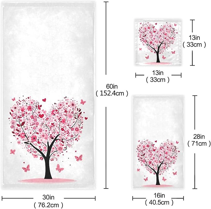 Pink Flowers Heart Tree Towels Set of 3 Romantic Love Spring Trees Butterfly Bathroom Towel Soft Absorbent Bath Hand Towels Washcloth Guest Towel Sets Mother's Valentine's Day Decorations