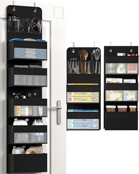 Over Door Organizer, 6 Shelf Camper Storage for RV Bathroom, Behind The Door Storage, Hanging Organizers for Toy Diaper Bedroom Closet (Black)