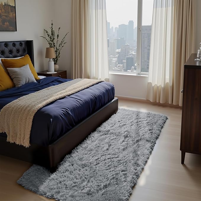 Soft Runner Rugs for Bedroom, Light Grey 2x6 Area Rugs Fluffy Rug Shaggy Area Rug Carpet, Bedside Rug for Living Room Bedroom Kids Room Home Decor