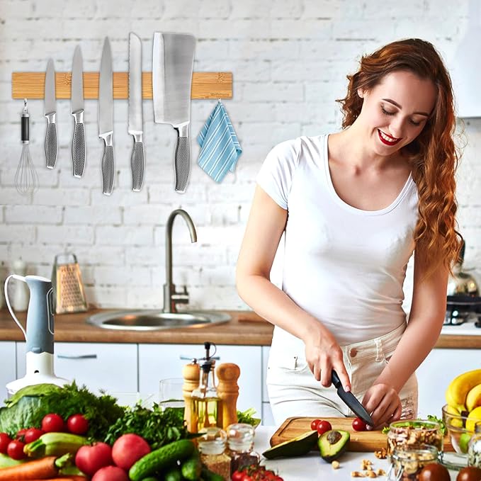 Magnetic Knife Holder for Wall 16 Inch, Bamboo knife magnetic strip No Drilling with 2Hooks, Strong Magnet Knife Holder strip, Magnetic Knife Rack Bar for Kitchen Knives and Tools