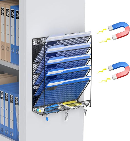Magnetic File Holder, 6-Tier Magnetic Wall Hanging File Organizer, Paper Folder Mail Organizer for Office, File Cabinets, Whiteboard, Fridge