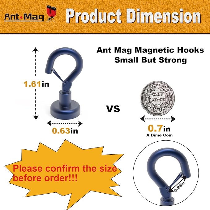Ant Mag Magnetic Hooks Heavy Duty with Snap 22lbs Strong Blue Magnet Hooks Great Hanging for Refrigerator, Cruise Cabin, Grill, Wreath,Kitchen,Office 8 Pack