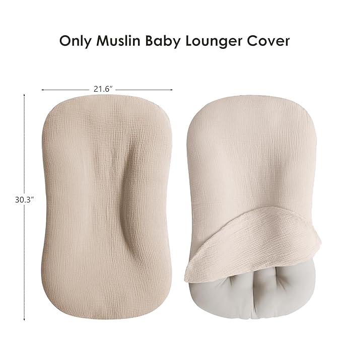 Muslin Baby Cover for Newborn, Soft and Breathable 100% Cotton Lounger Slipcover Neutral, Pack of 2(Clay)