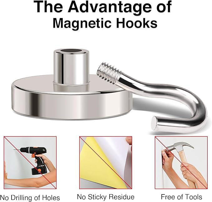 MIKEDE Magnetic Hooks Heavy Duty, 120Lbs+ Super Strong Magnet Hooks for Cruise, 4 Pack Neodymium Earth Magnets with Hook for Hanging, Magnetic Metal Hanger for Toolbox, Storage