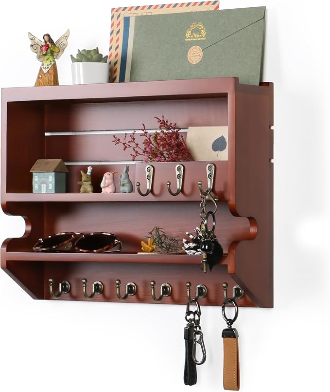 Innovation Handcrafted Solid Pine Wood Key Holder for Wall - Artisan Hand-Sprayed Mail Organizer Wall Mount with 9 Heavy Duty Hooks, Finely Sanded Smooth Surface Entryway Decor, Auburn