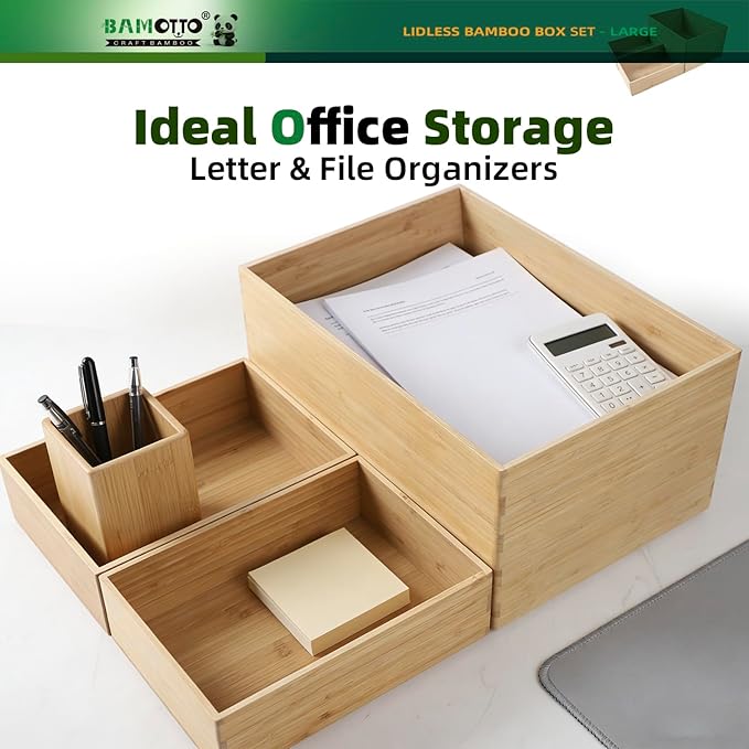 3-Piece Large Bamboo Storage Box Set - 7.1in High Stackable Deep-Drawer Organizer, Lidless Bamboo Bin for Kitchen Cutlery Utensils Knives (14.6"x10.2"x7.1"*1 + 10.2"x7.3"x3"*2)