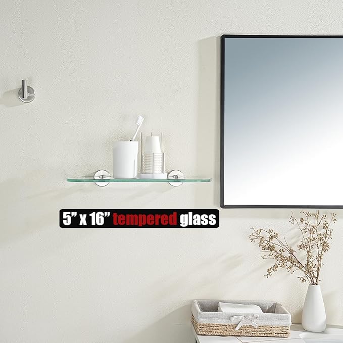 JQK Bathroom Glass Shelf, Tempered Glass Shower Storage 16 by 5 inches, 304 Stainless Steel Brushed Finish Wall Mount, TGS121L16-BN