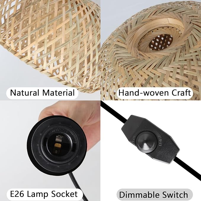HuisMier Dimmable Plug in Pendant Light Rattan Hanging Lights with 15 Ft Plug in Cord, Handmade Bamboo Lampshade Boho Hanging Light Fixture for Kitchen Island Dining Room Bedroom