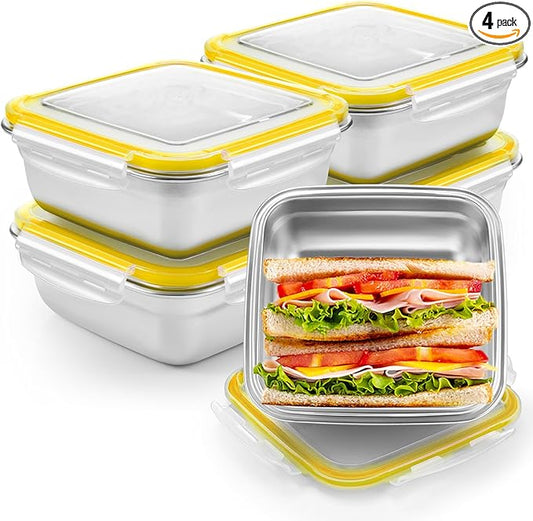 4 Pack Stainless Steel Sandwich Containers with Lids 25.4 oz Metal Food Container for Lunch Boxes with Airtight Silicone Seal for Sandwiches and Snacks(Yellow)