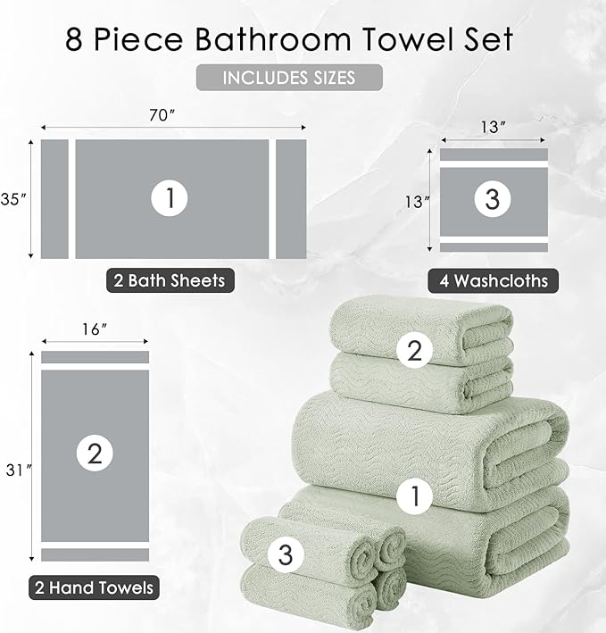8 Piece Bath Towel Set Green — 2 Oversized Large Bath Sheet,2 Hand Towels,4 Washcloths — Ultra Soft Cozy Bath Towel Set for Bathroom Hotel Gym Spa,Highly Absorbent & Quick Dry Bathroom Towel Collections