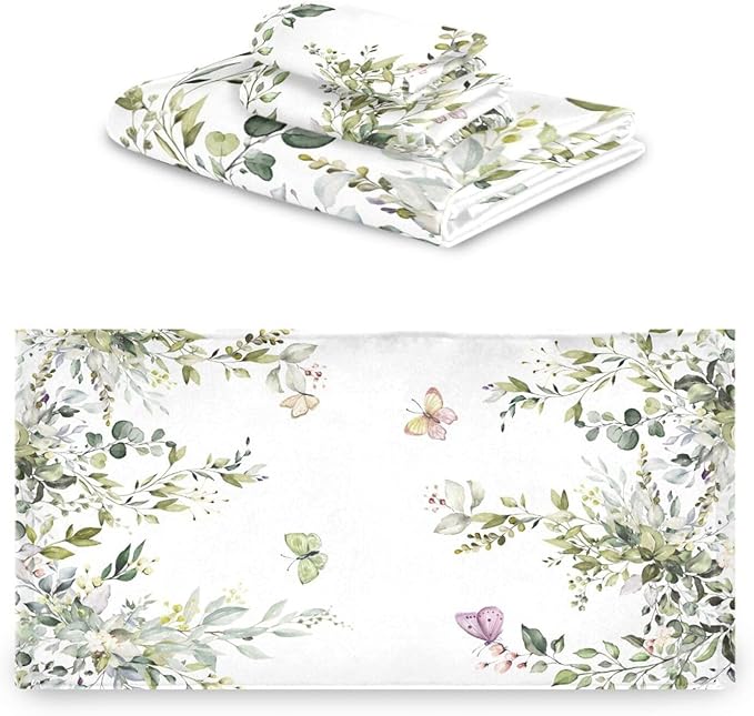 Sage Green Leaves Towels Set, 3 Piece Watercolor Eucalyptus Butterfly (1 Bath, 1 Hand, 1 Washcloth), Absorbent Microfiber Decorative Bathroom Towels for Hair, Face