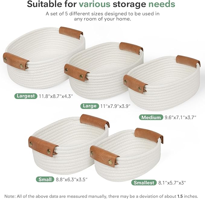5 Piece Storage Baskets Small Woven Basket with Detachable Leather Handle, Cotton Rope Shelf Baskets for Closet Organizers, Different Sizes Basket Decor, White