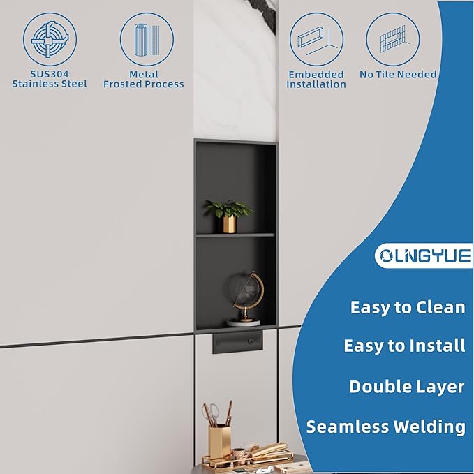 Shower Niche Stainless Steel: No Tile Needed Double Layer - 12x24 Inchs Recessed Wall Niches Shelf for Bathroom Storage - Matte Black