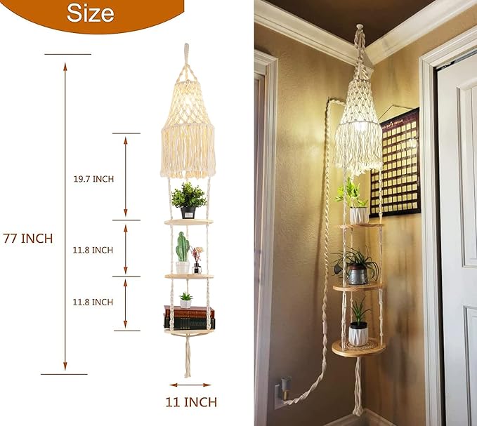 Boho Plug in Pendant Light,Hanging Light with Plug in Cord,Hanging Lamp Macrame Lamp Shade,Dimmable Switch,3 Tier Hanging Plant Shelf Shelves Bohemian Decor for Bedroom Living Room Corner